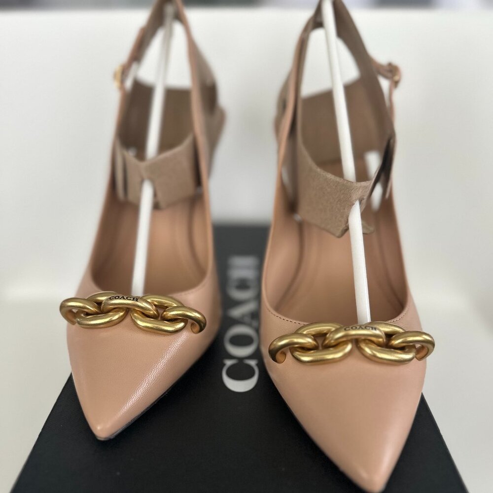 COACH Sadie Beachwood Champagne Leather Slingback 4” Gold Chain Designer Pump8.5